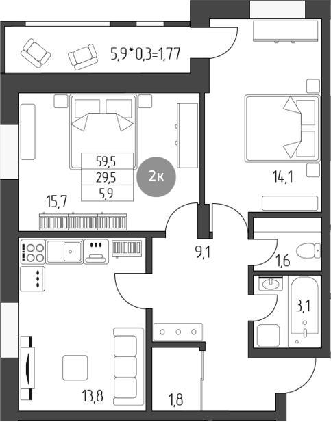 Планировка —  Лермонтов, 2-комн., 59 м²
