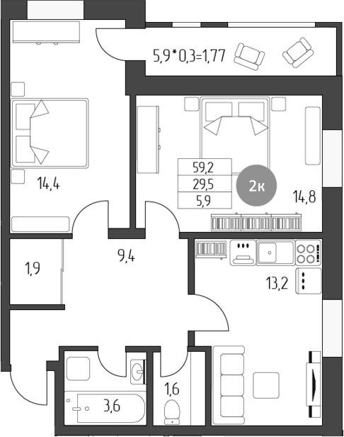 Планировка —  Лермонтов, 2-комн., 59 м²
