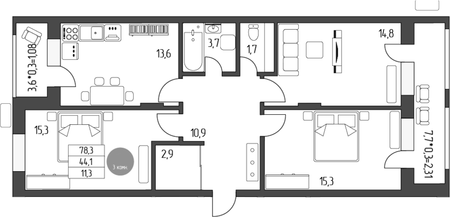 Планировка —  Лермонтов, 3-комн., 81 м²