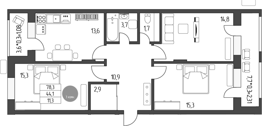 Планировка —  Лермонтов, 3-комн., 80 м²