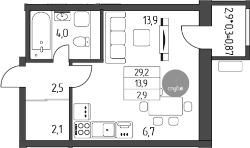 Планировка —  Лермонтов, Студия, 29 м²