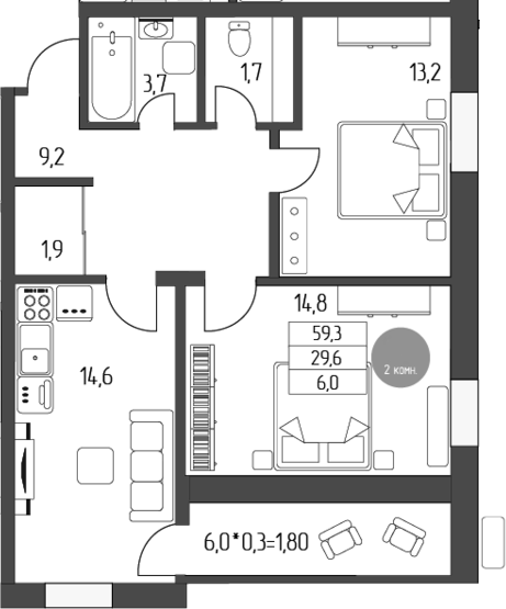 Планировка —  Лермонтов, 2-комн., 59 м²
