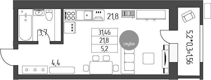 Планировка —  Лермонтов, Студия, 30 м²