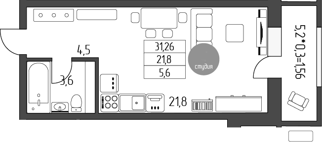 Планировка —  Лермонтов, Студия, 30 м²
