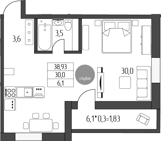 Планировка —  Лермонтов, Студия, 37 м²