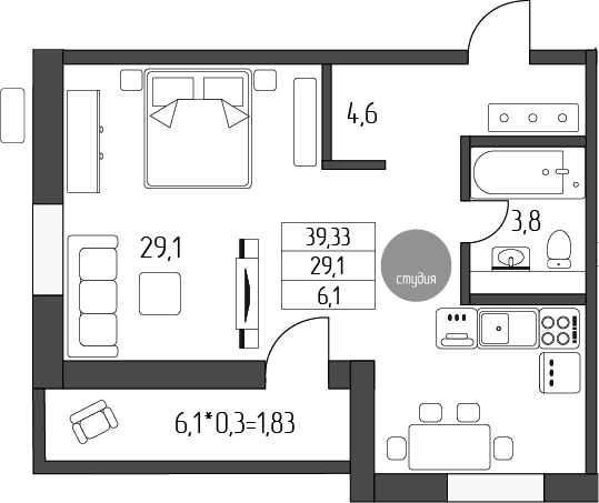 Планировка —  Лермонтов, Студия, 38 м²