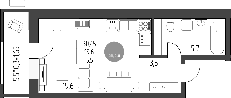 Планировка —  Лермонтов, Студия, 29 м²