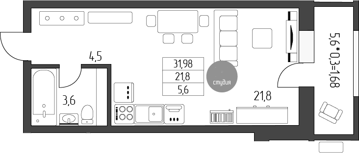 Планировка —  Лермонтов, Студия, 30 м²