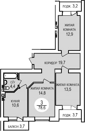 Планировка — Кубанская усадьба. ООО СЗ Кубанская усадьба, 3-комн., 77 м²