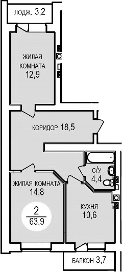 Планировка — Кубанская усадьба. ООО СЗ Кубанская усадьба, 2-комн., 61 м²