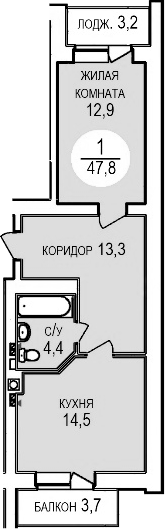 Планировка — Кубанская усадьба. ООО СЗ Кубанская усадьба, 1-комн., 45 м²