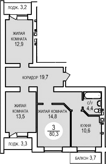 Планировка — Кубанская усадьба. ООО СЗ Кубанская усадьба, 3-комн., 77 м²