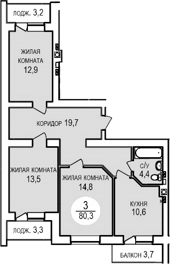 Планировка — Кубанская усадьба. ООО СЗ Кубанская усадьба, 3-комн., 77 м²