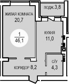 Планировка — Кубанская усадьба. ООО СЗ Кубанская усадьба, 1-комн., 44 м²
