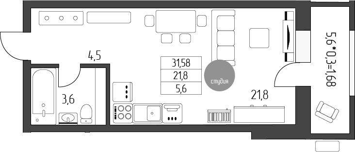 Планировка —  Лермонтов, Студия, 30 м²