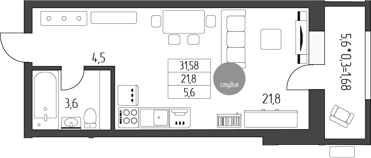 Планировка —  Лермонтов, Студия, 30 м²