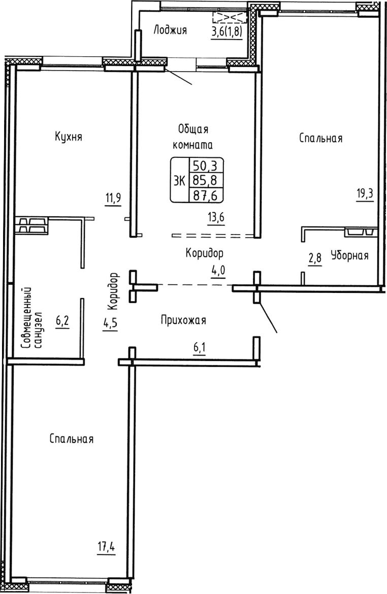 Планировка — Самоцветы, 3-комн., 86 м²