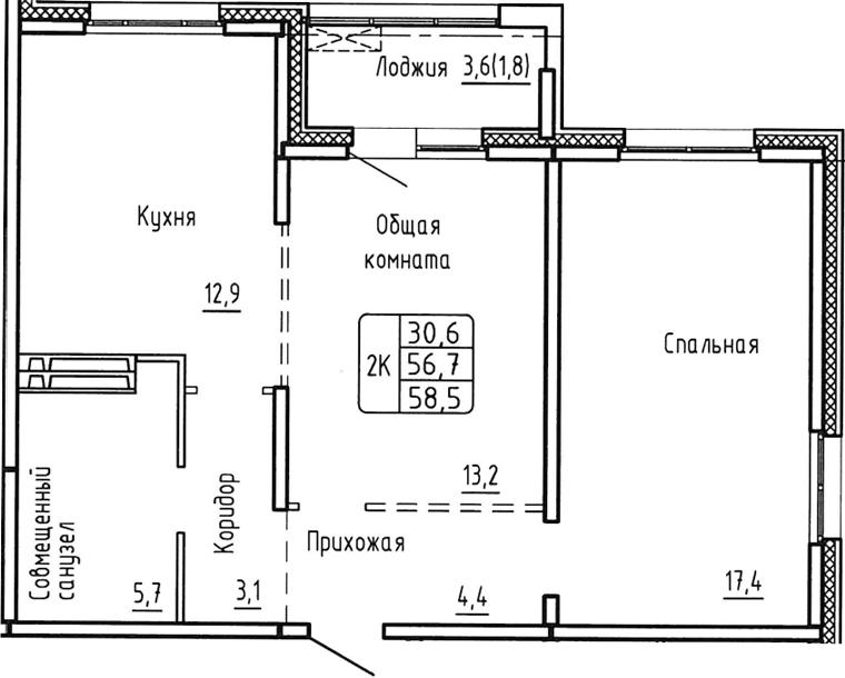 Планировка — Самоцветы, 2-комн., 57 м²