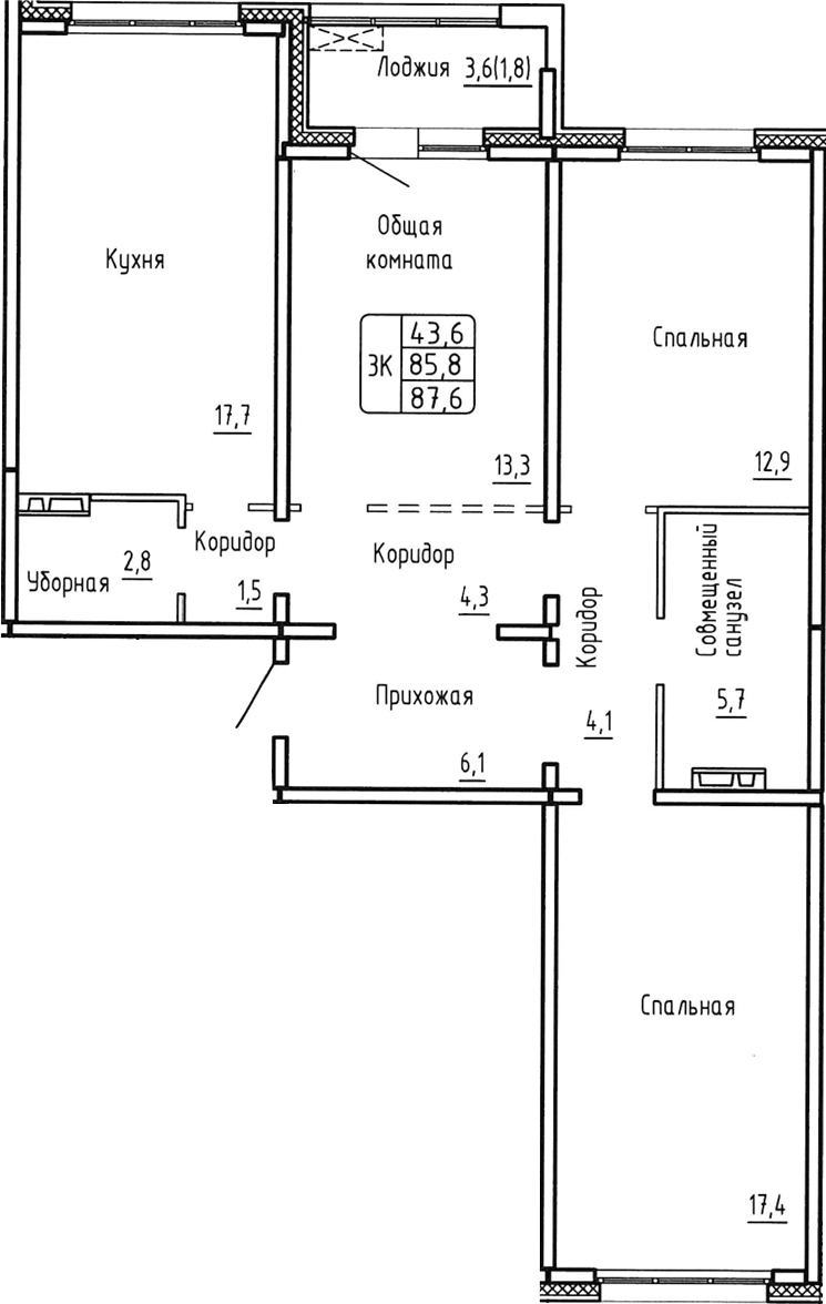 Планировка — Самоцветы, 3-комн., 86 м²