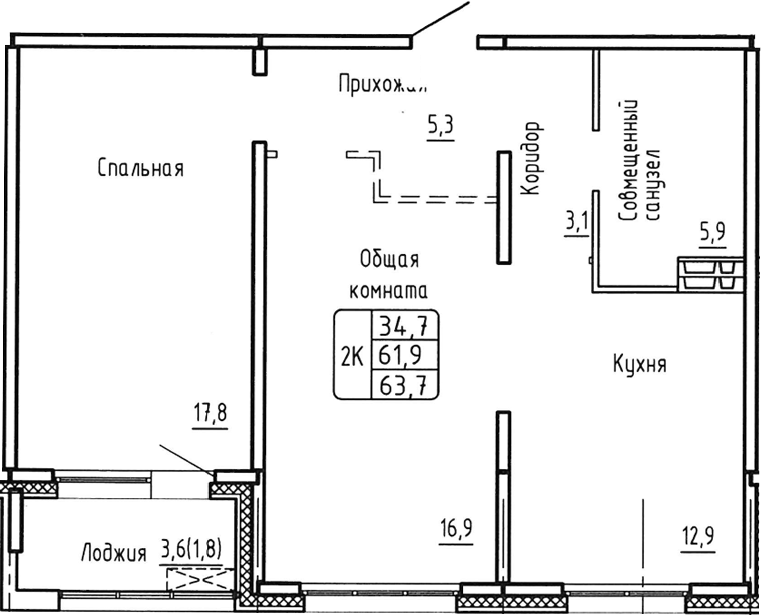 Планировка — Самоцветы, 2-комн., 62 м²