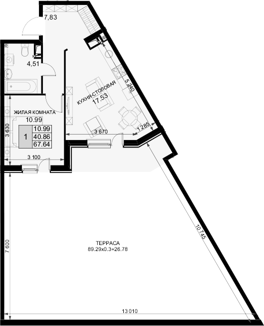 Планировка — Фонтаны, 1-комн., 41 м²