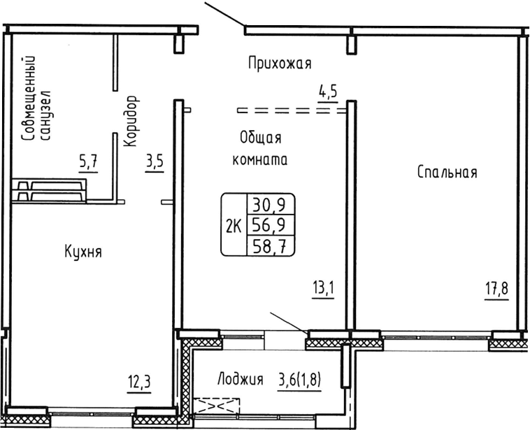 Планировка — Самоцветы, 2-комн., 57 м²