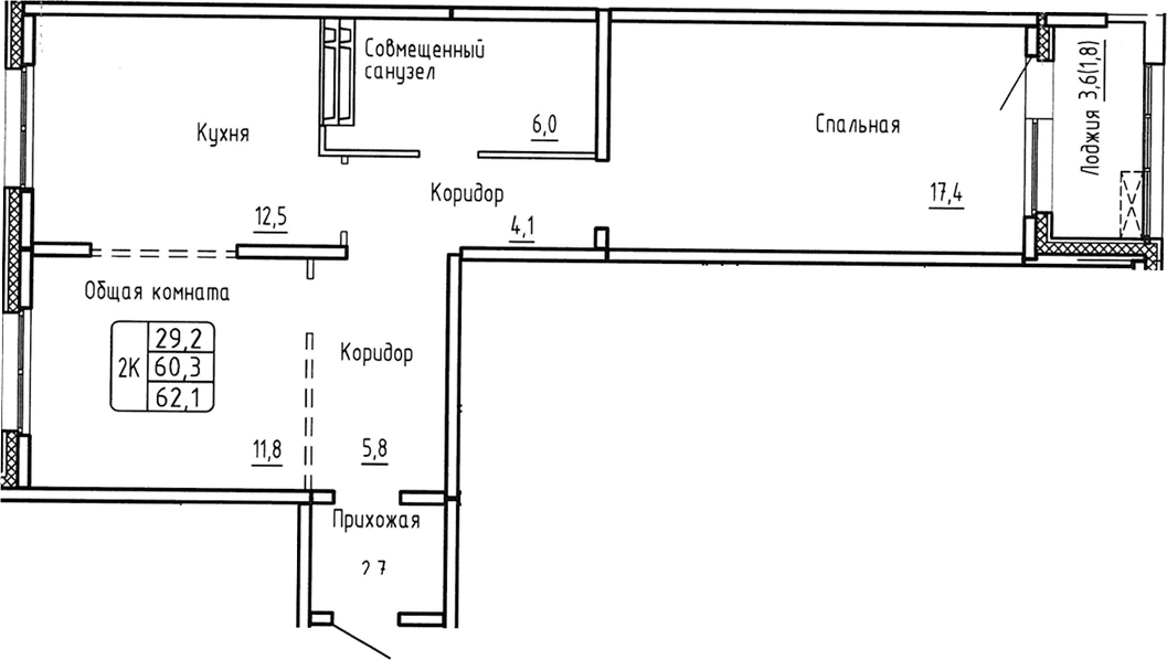 Планировка — Самоцветы, 2-комн., 60 м²