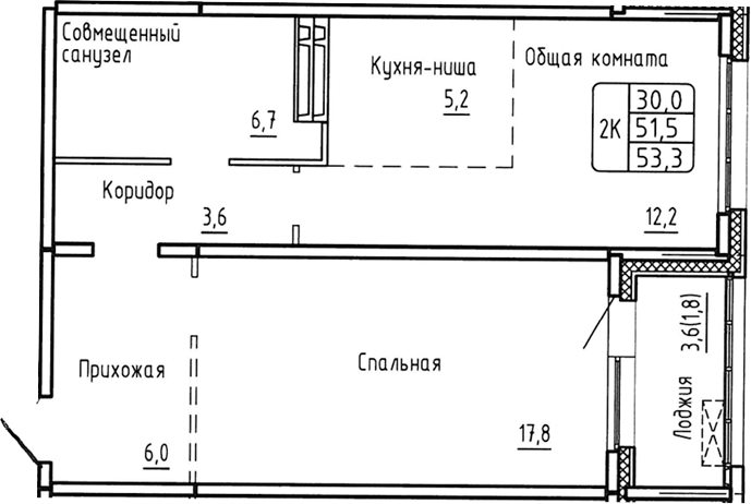 Планировка — Самоцветы, 2-комн., 52 м²