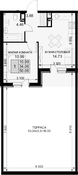 Планировка — Фонтаны, 1-комн., 34 м²