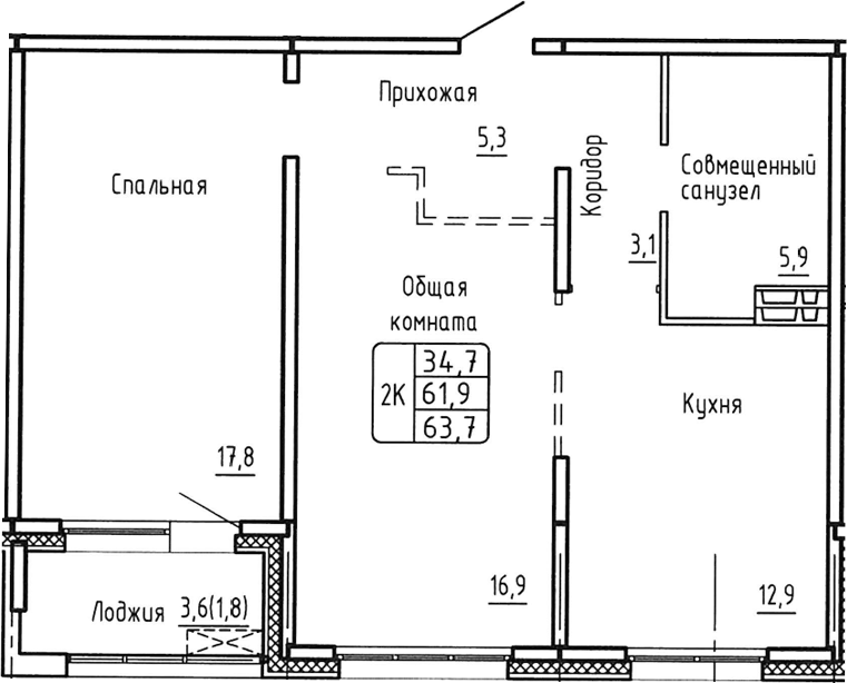 Планировка — Самоцветы, 2-комн., 62 м²
