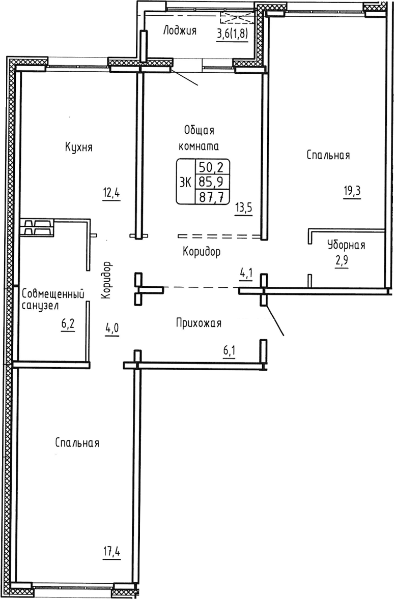 Планировка — Самоцветы, 3-комн., 86 м²