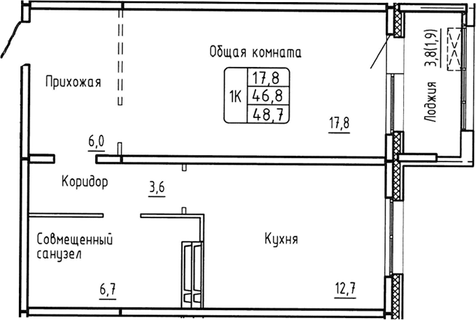 Планировка — Самоцветы, 1-комн., 47 м²