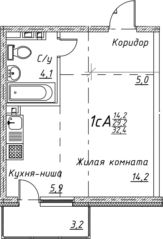 Планировка — Дом на Есенина, Студия, 29 м²