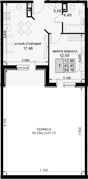 Планировка — Фонтаны, 1-комн., 40 м²
