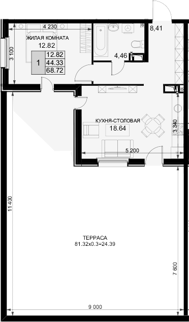 Планировка — Фонтаны, 1-комн., 44 м²
