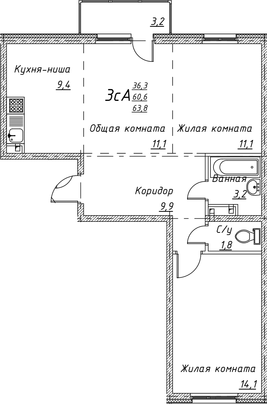 Планировка — Дом на Есенина, 3-комн., 61 м²