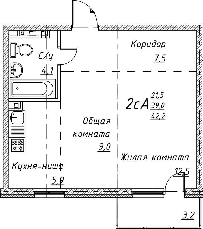Планировка — Дом на Есенина, 2-комн., 39 м²
