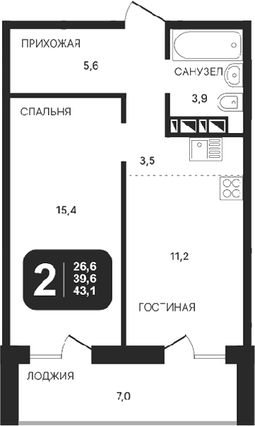 Планировка — Никольский парк, 2-комн., 40 м²