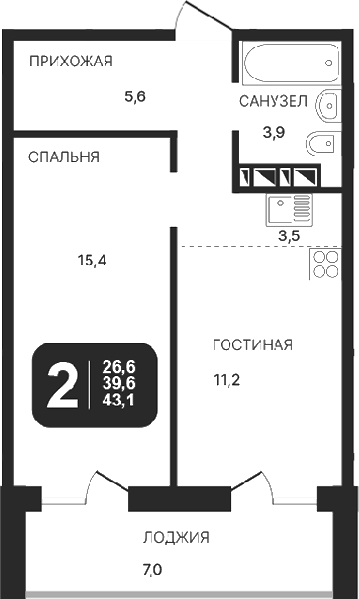 Планировка — Никольский парк, 2-комн., 40 м²