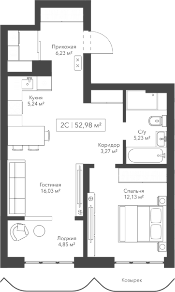 Планировка — Willart, 2-комн., 48 м²