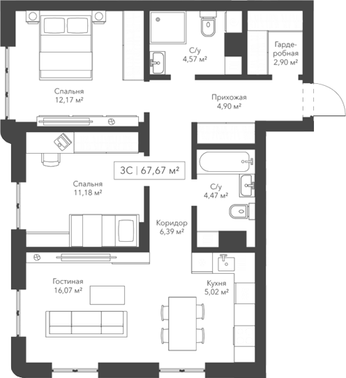 Планировка — Willart, 3-комн., 68 м²