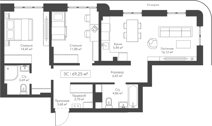 Планировка — Willart, 3-комн., 69 м²