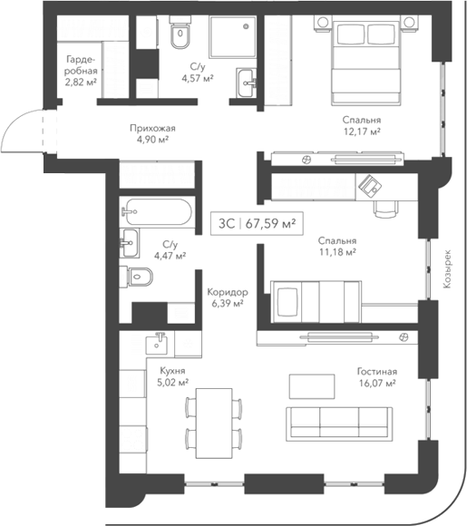 Планировка — Willart, 3-комн., 68 м²