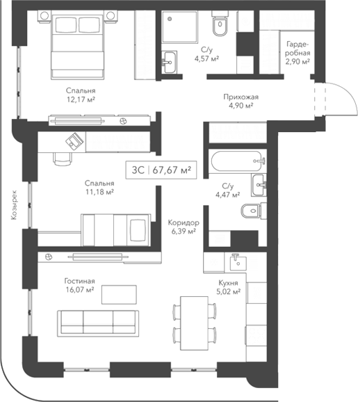 Планировка — Willart, 3-комн., 68 м²