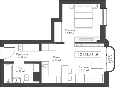 Планировка — Willart, 2-комн., 37 м²