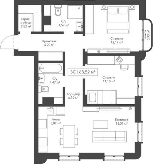 Планировка — Willart, 3-комн., 68 м²