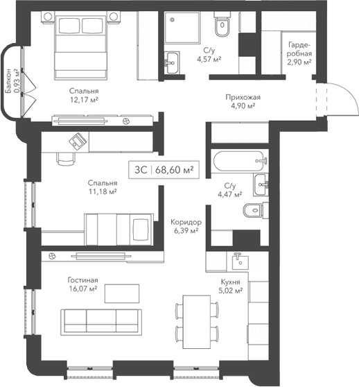 Планировка — Willart, 3-комн., 68 м²