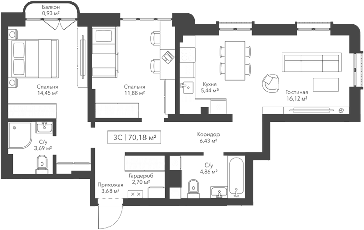 Планировка — Willart, 3-комн., 69 м²