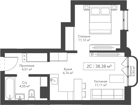 Планировка — Willart, 2-комн., 37 м²
