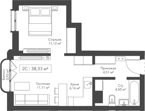 Планировка — Willart, 2-комн., 37 м²